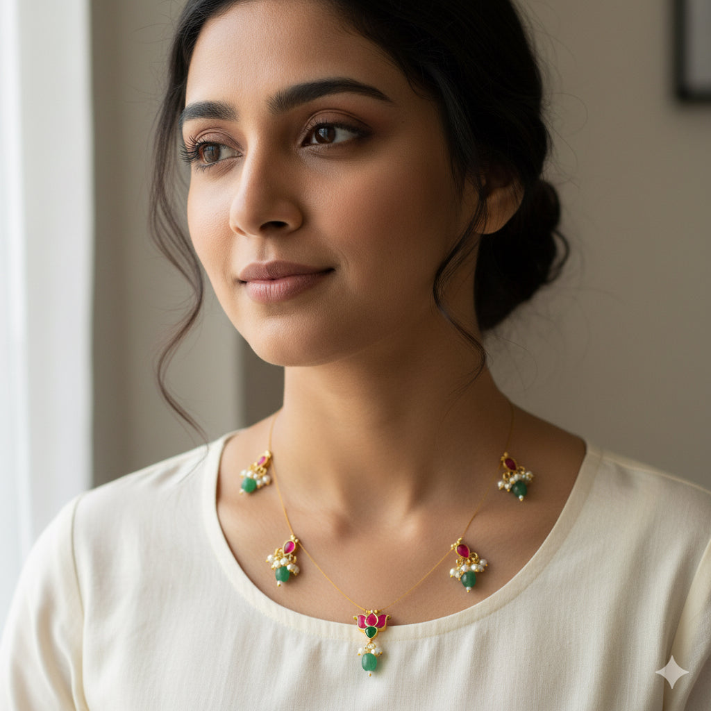 Gold tone pink kundan jadau lotus green bead invisible necklace dj-50823