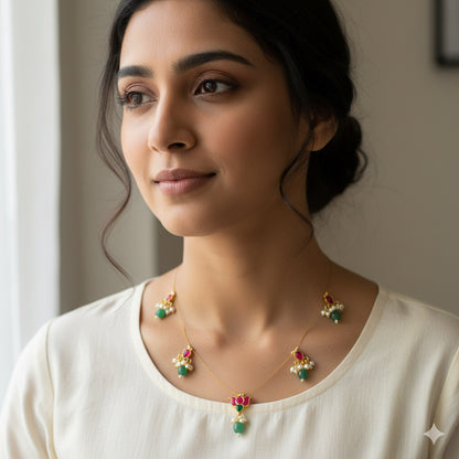 Gold tone pink kundan jadau lotus green bead invisible necklace dj-50823