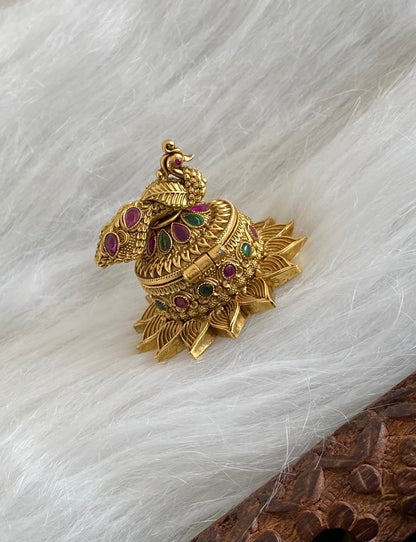 Antique gold tone kemp-green peacock kumkum box dj-54453