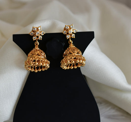 Gold tone ad white south indian flower jhumkka dj-52788