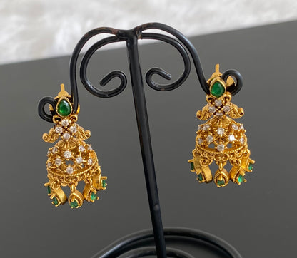 Antique gold tone white -green stone jhumkka dj-53565