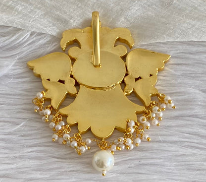 Gold tone pink-green-white kundan jadau ganda berunda pendant dj-52706