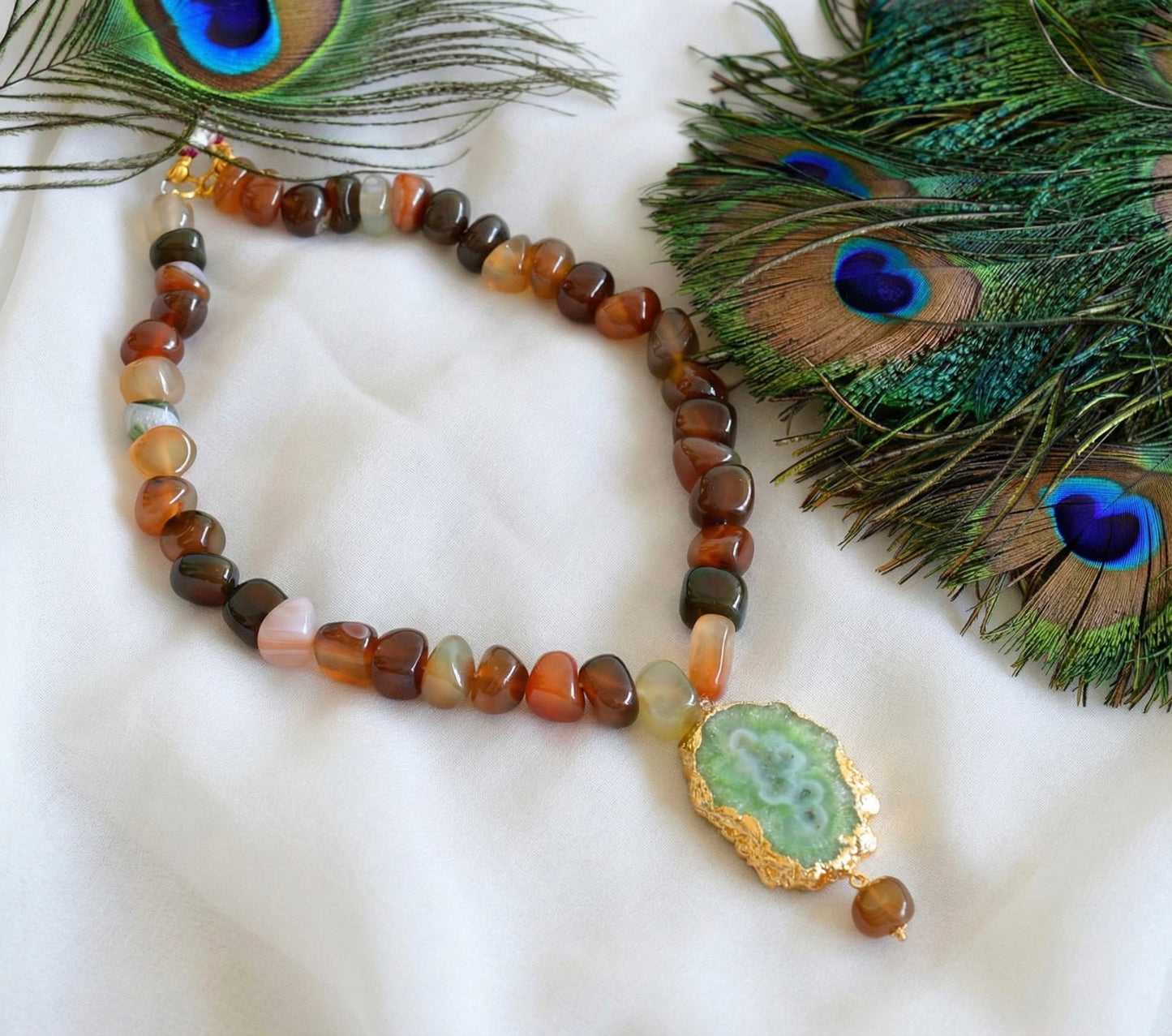 Gold tone brown-green onyx beaded sliced agate necklace dj-35083