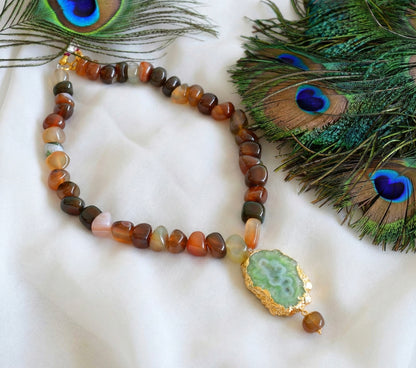 Gold tone brown-green onyx beaded sliced agate necklace dj-35083