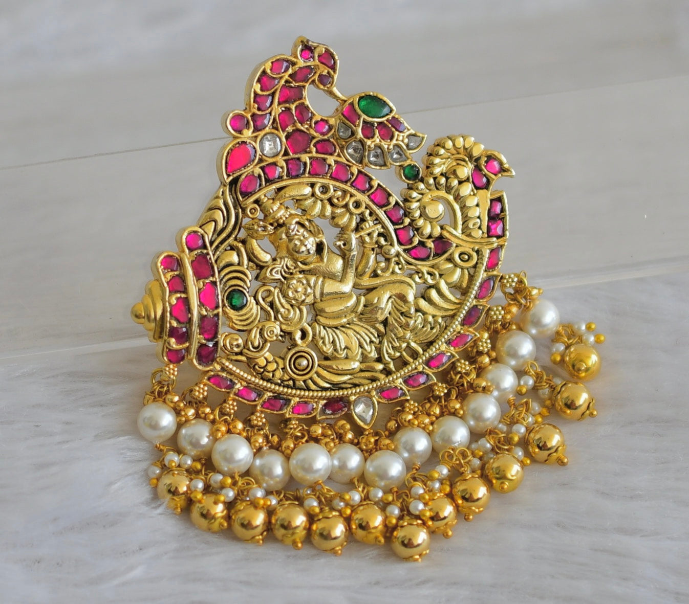 Gold tone pink-green-white kundan jadau shri krishna pendant dj-48976