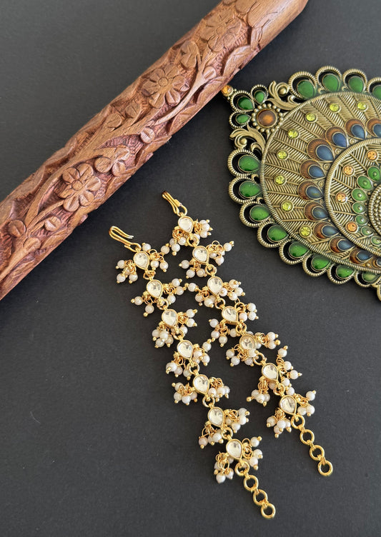 Gold tone white kundan jadau pearl ear side chain dj-52049