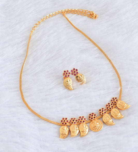 Gold tone pink stone mango lakshmi coin necklace set dj-53045