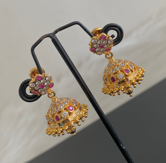 Gold tone ad pink-white stone south Indian jhumkka dj-54895