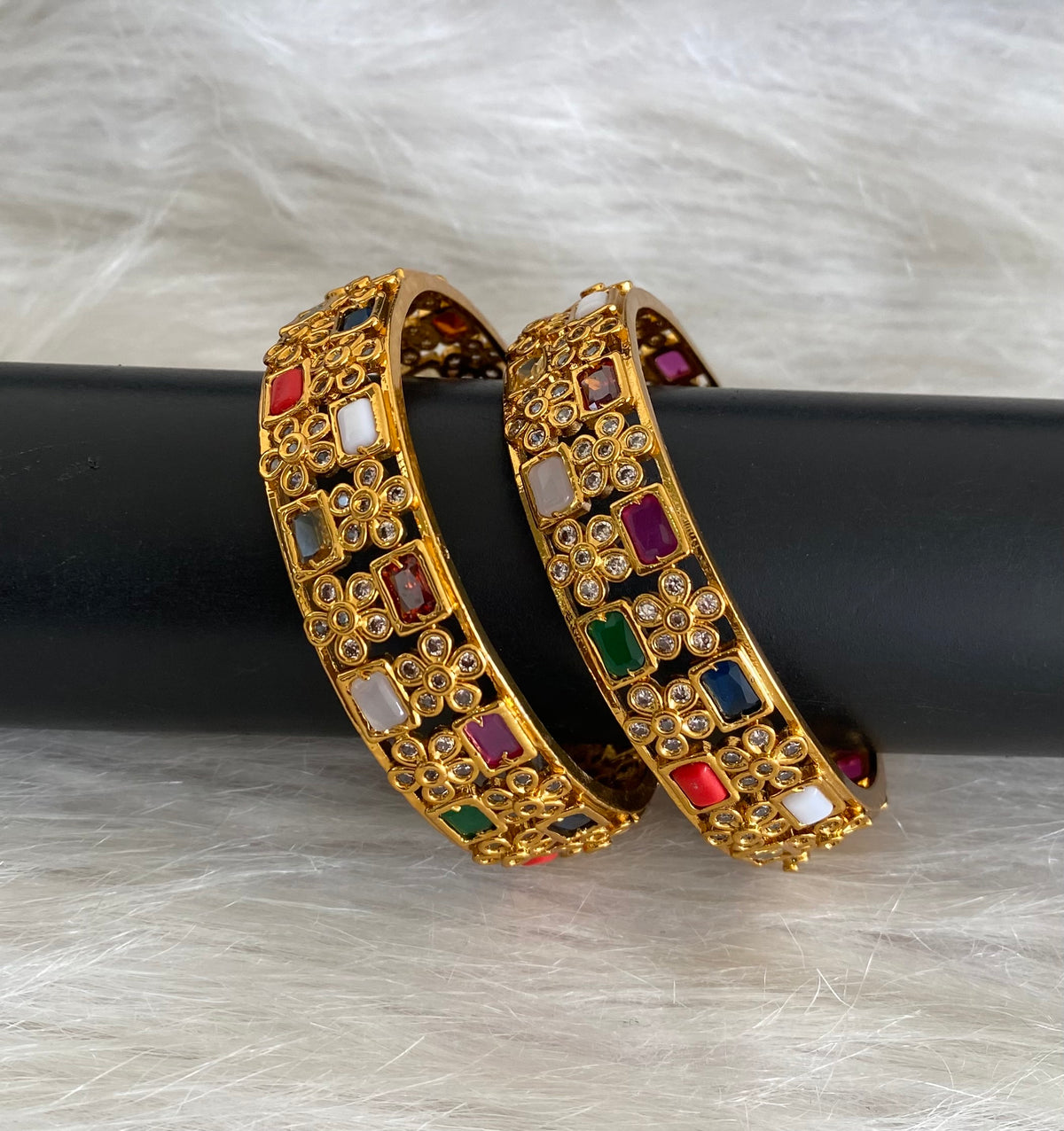 Antique gold tone navarathna square stone bangles(2.10) dj-55171
