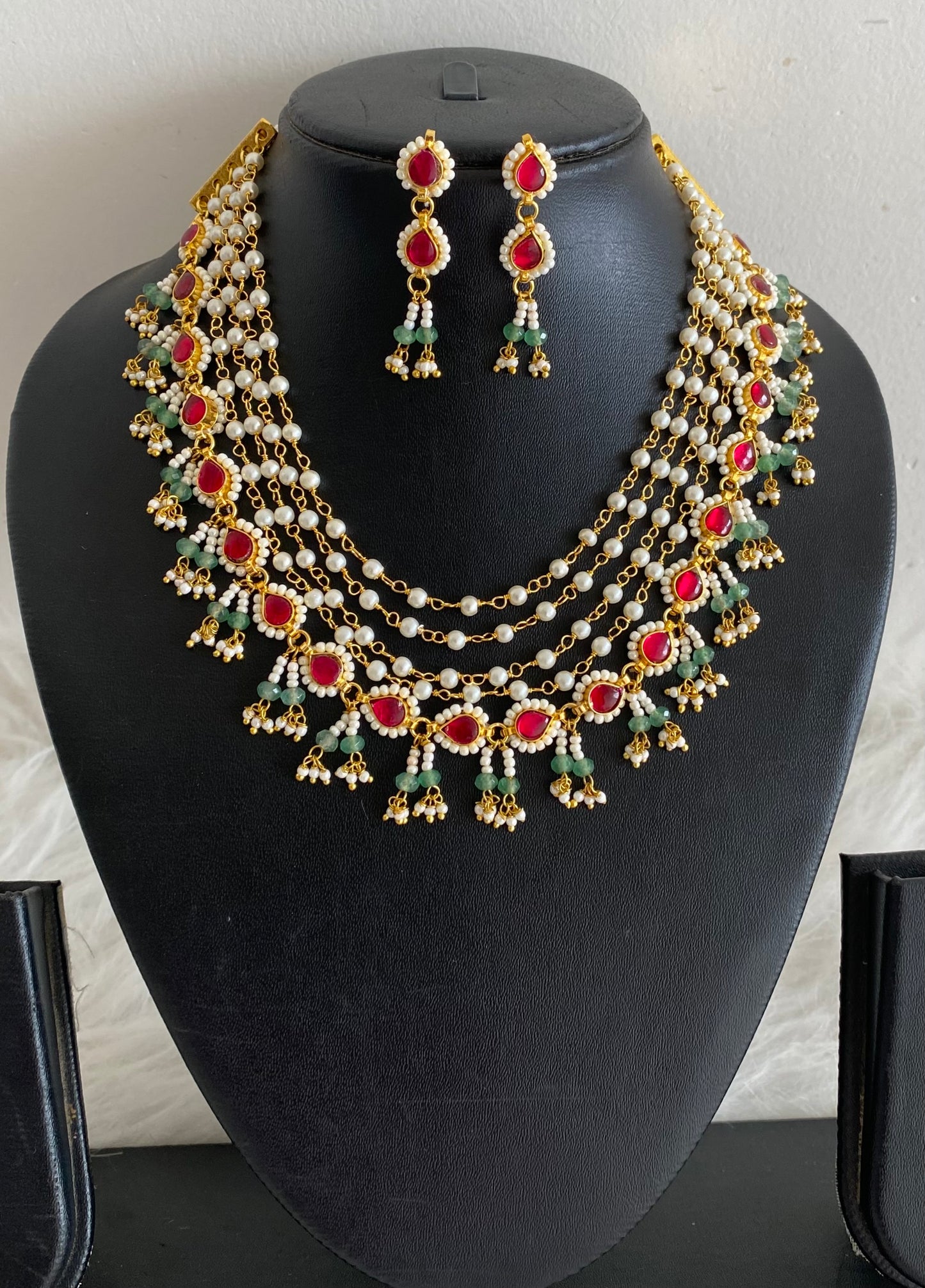 Gold tone kundan jadau pearl multi layer necklace set dj-54506