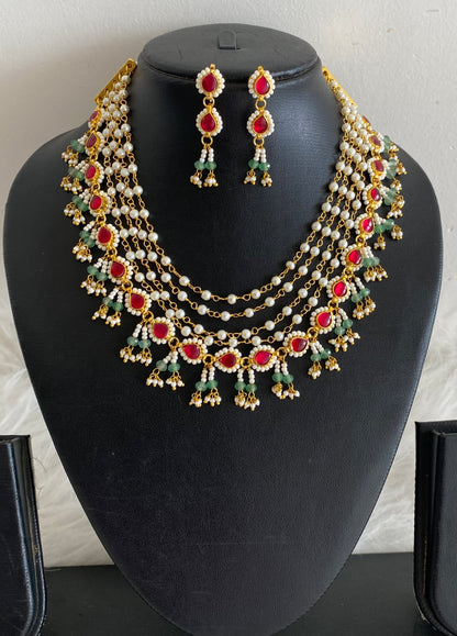 Gold tone kundan jadau pearl multi layer necklace set dj-54506