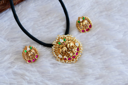 Matte finish pink-green kundan jadau black thread necklace set dj-52407