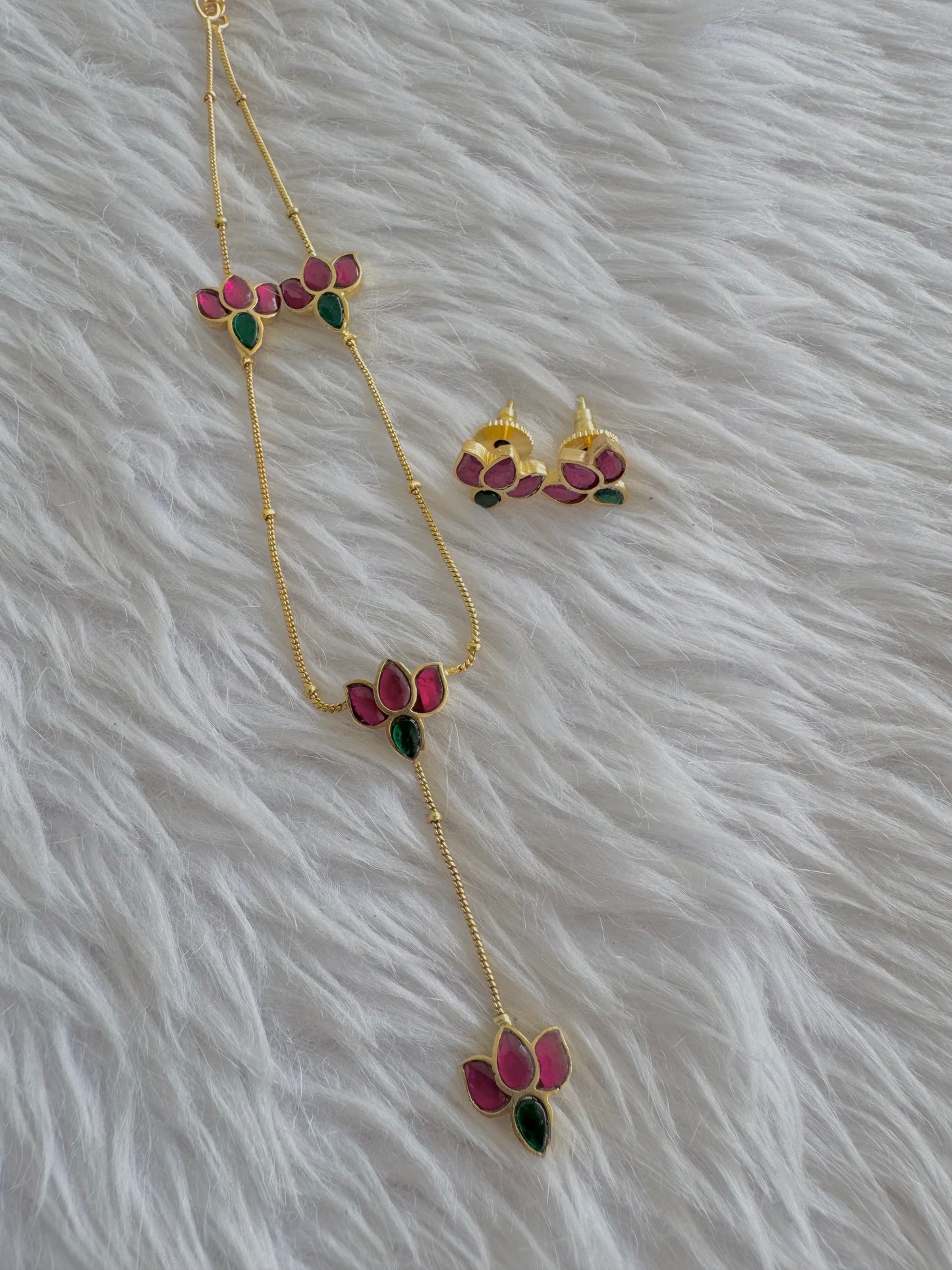 Gold tone pink-green Lotus Kundan Jadau necklace set dj-43205