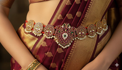 Gold tone precious kemp-green-white pearl peacock waist band dj-46281