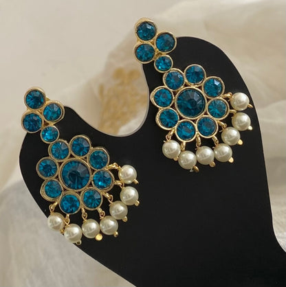 Gold tone AD cerulean blue stone pearl flower earrings dj-55136