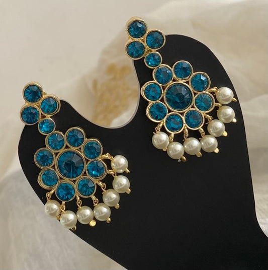 Gold tone AD cerulean blue stone pearl flower earrings dj-55136