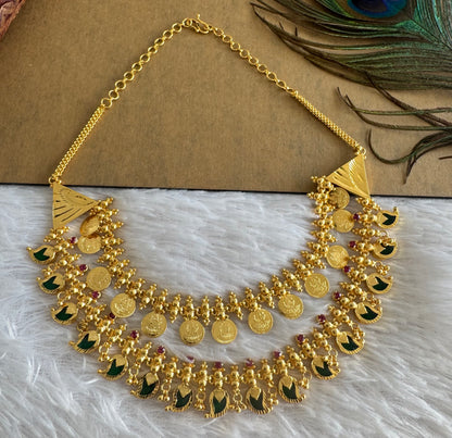 Gold tone kerala style pink-green mango lakshmi coin double layer necklace dj-51734