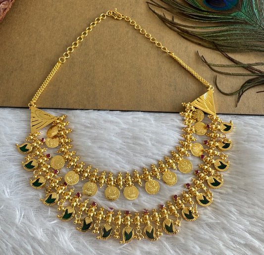Gold tone kerala style pink-green mango lakshmi coin double layer necklace dj-51734