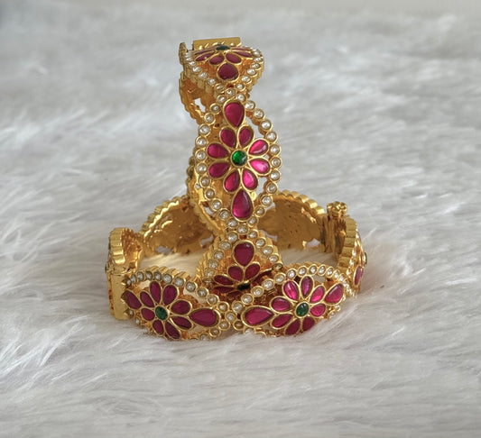Gold tone pink-green flower kundan jadau screw type bangles(2.4) dj-51566