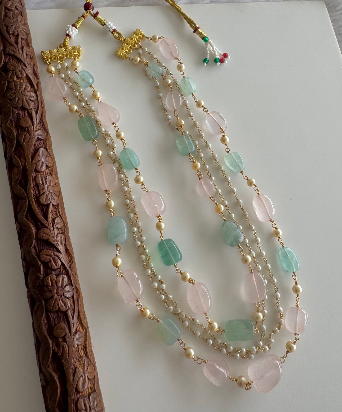 Antique gold tone baby pink Green Onyx Beaded Necklace Set Dj-51462