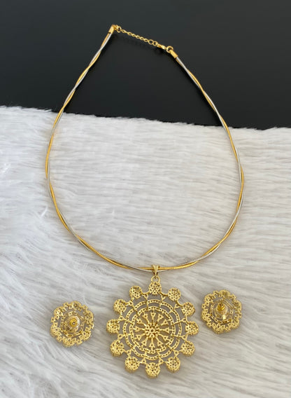 Two tone cz round flower pendant set with kanti necklace dj-54034