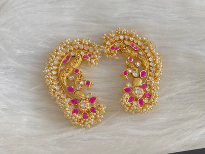 Gold tone pink-white kundan jadau big peacock khanpool earrings dj-54569