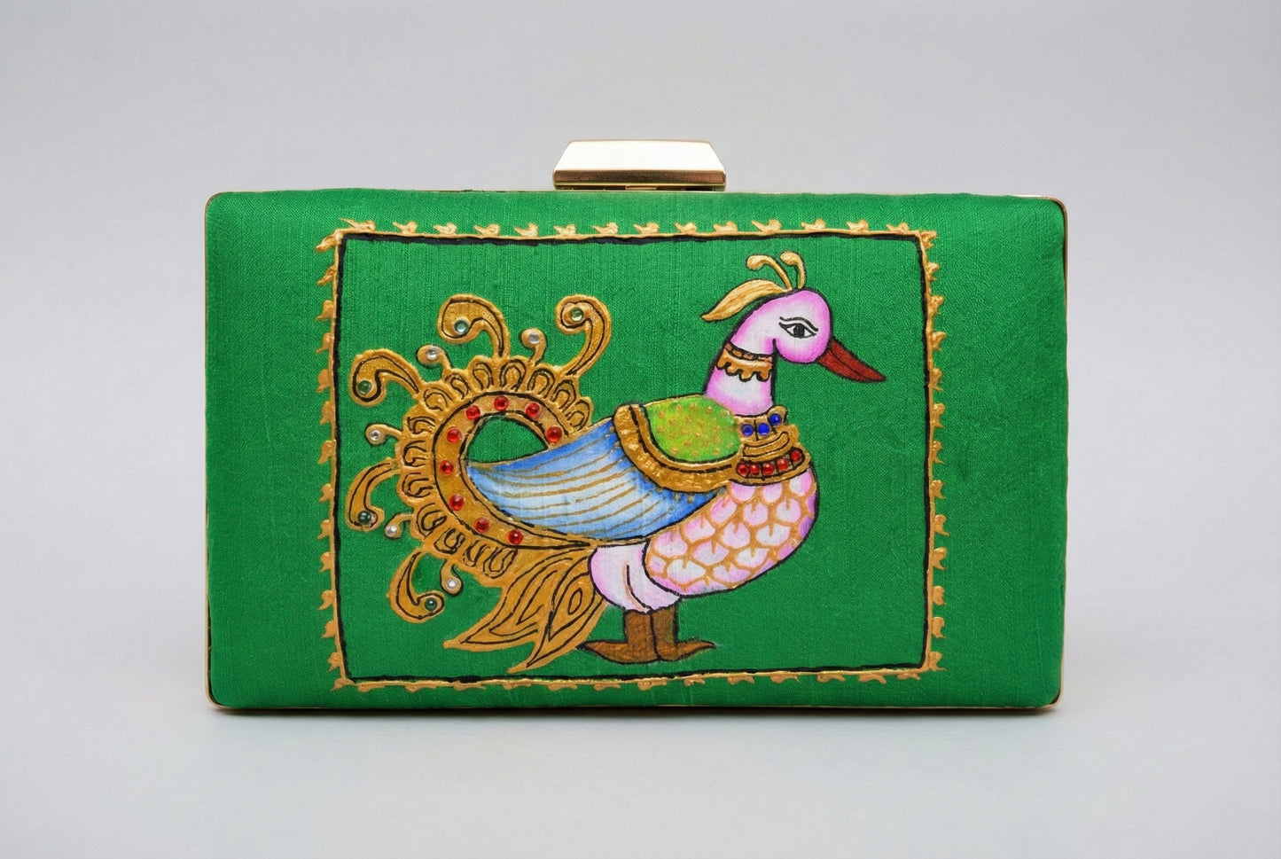 Tanjore painted green silk clutch dj-52653