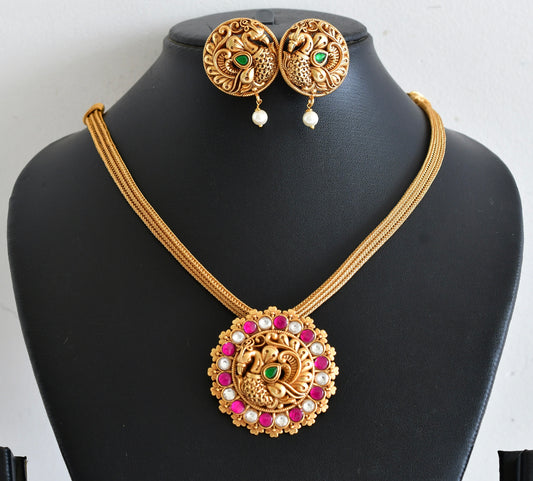 Matte finish pink-green-white kundan jadau peacock choker/necklace set dj-54023