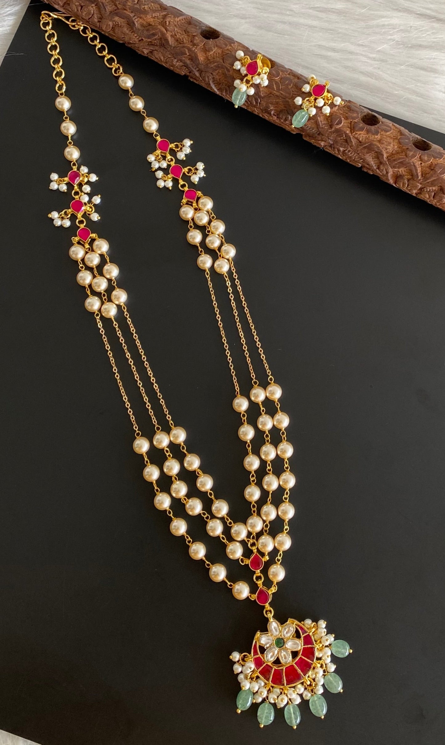 Gold tone kundan jadau flower moon pearl multi layer mid/length necklace set dj-54176