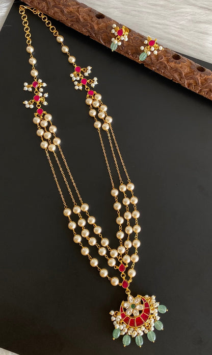 Gold tone kundan jadau flower moon pearl multi layer mid/length necklace set dj-54176