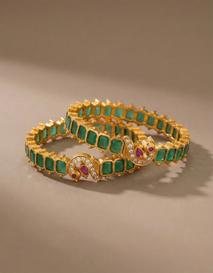 Matte finish emerald block stone peacock bangles(2.4) Dj-36993