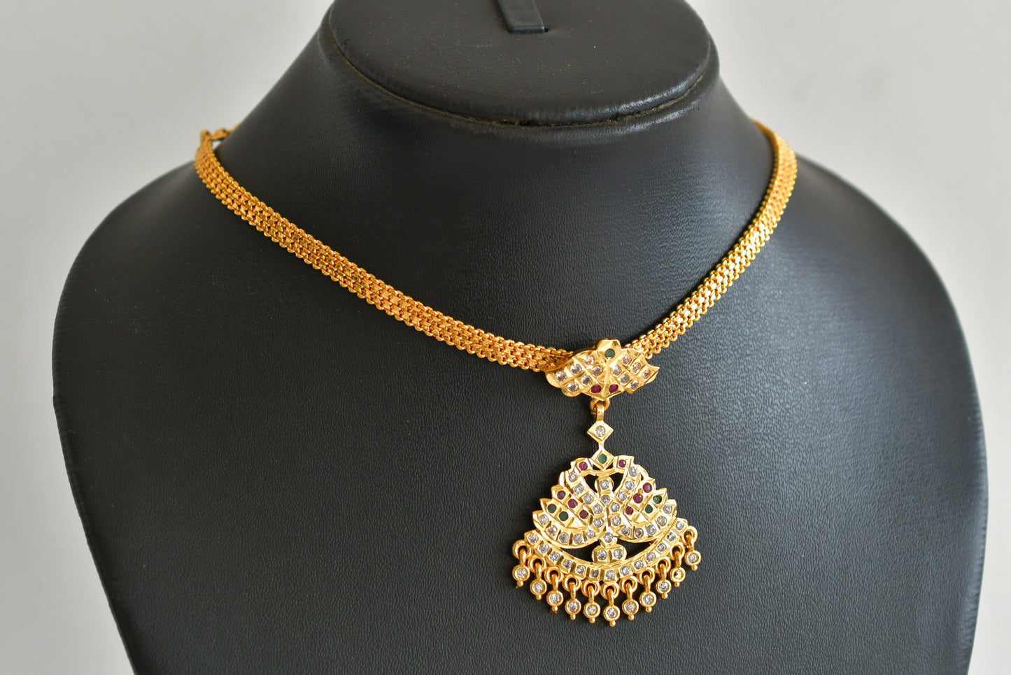 Gold tone south indian AD pink-green-white swan attigai/necklace dj-51893