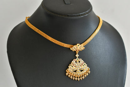 Gold tone south indian AD pink-green-white swan attigai/necklace dj-51893