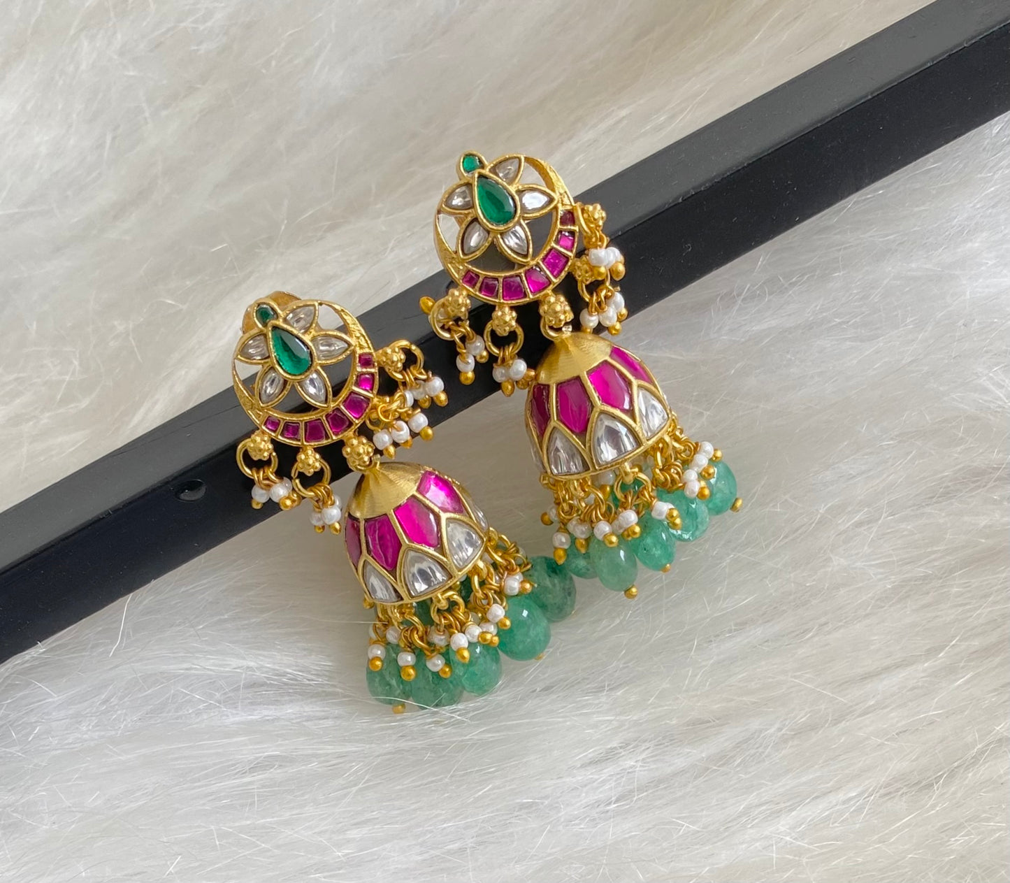 Gold tone pink-green-white stone kundan jadau green beaded moon jhumkka  dj-54585