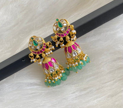 Gold tone pink-green-white stone kundan jadau green beaded moon jhumkka  dj-54585