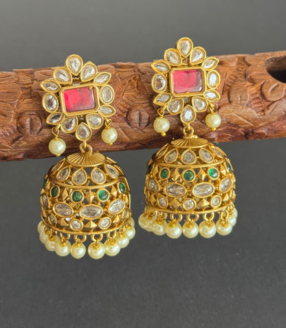 Matte finish ruby-green-white pearl block stone jhumkka dj-52102