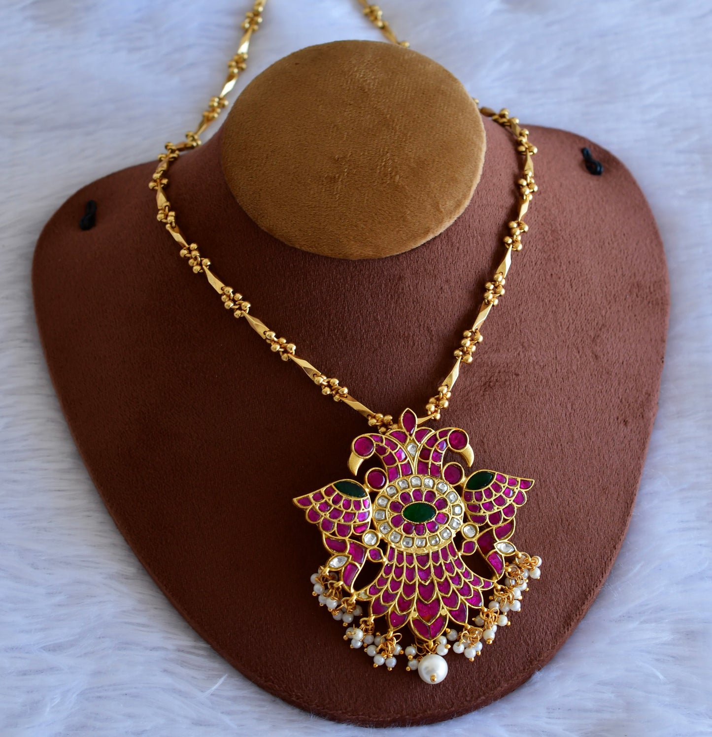 Matte finish pink-green kundan jadau Ganda berunda necklace dj-52727