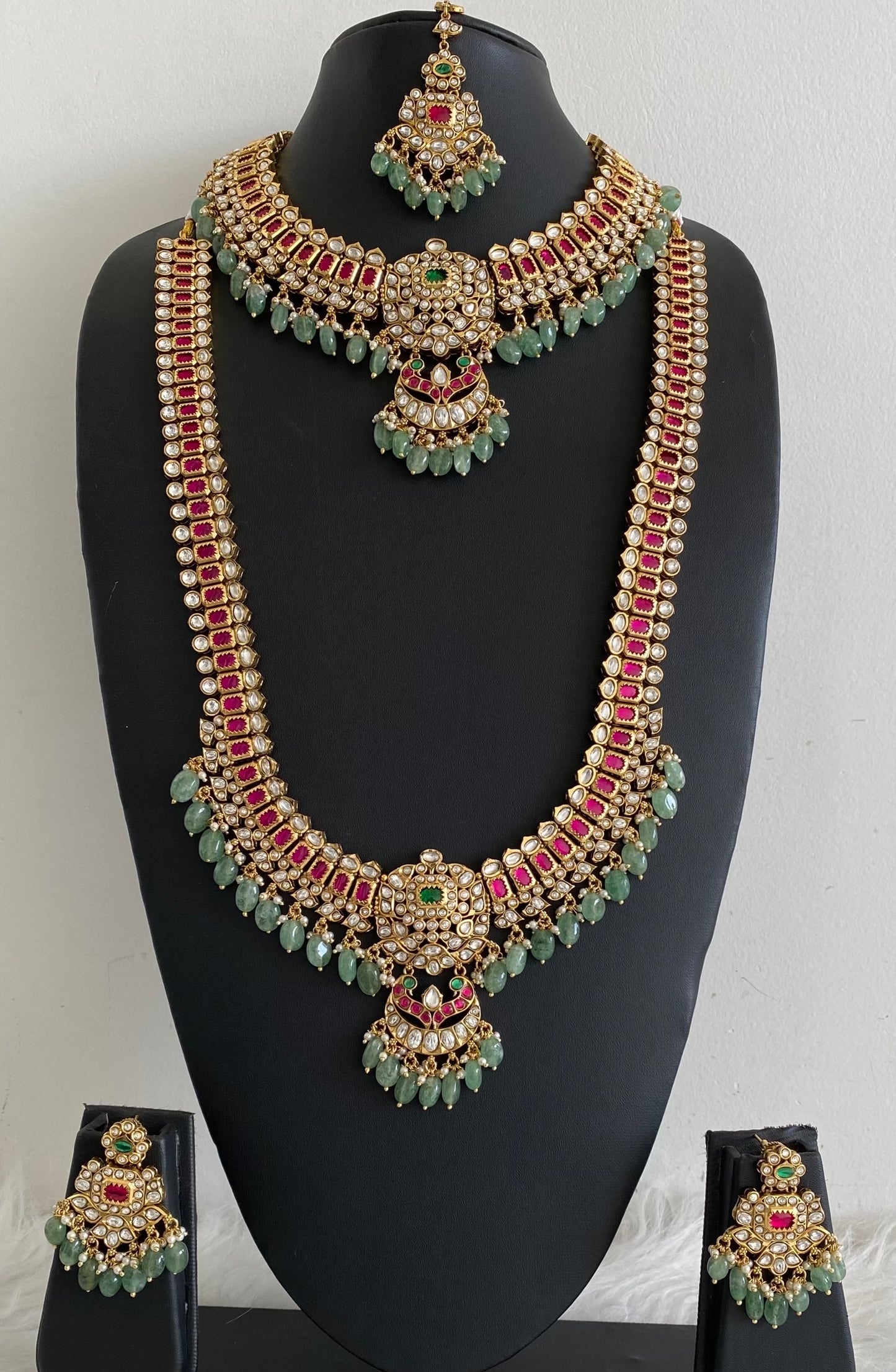 Antique gold tone kundan jadau green beaded bridal set dj-54600