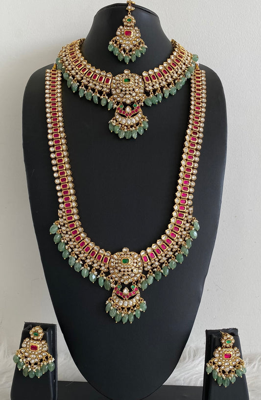 Antique gold tone kundan jadau green beaded bridal set dj-54600