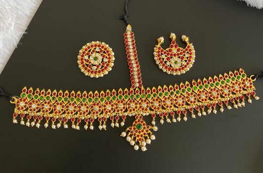 Gold tone kemp-green-white pearl beaded mango tikka dj-53644