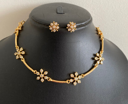 Gold tone white stone flower necklace set dj-53919