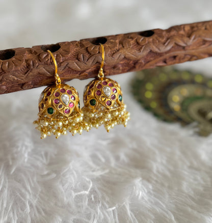 Matte finish kemp-green-white kundan pearl cluster hook jhumkka dj-51480