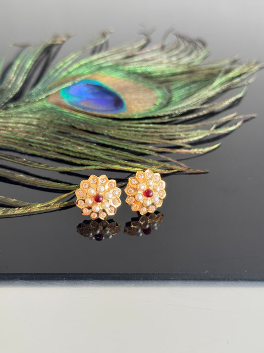 Gold tone pearl-pink beaded stud/earrings dj-51619