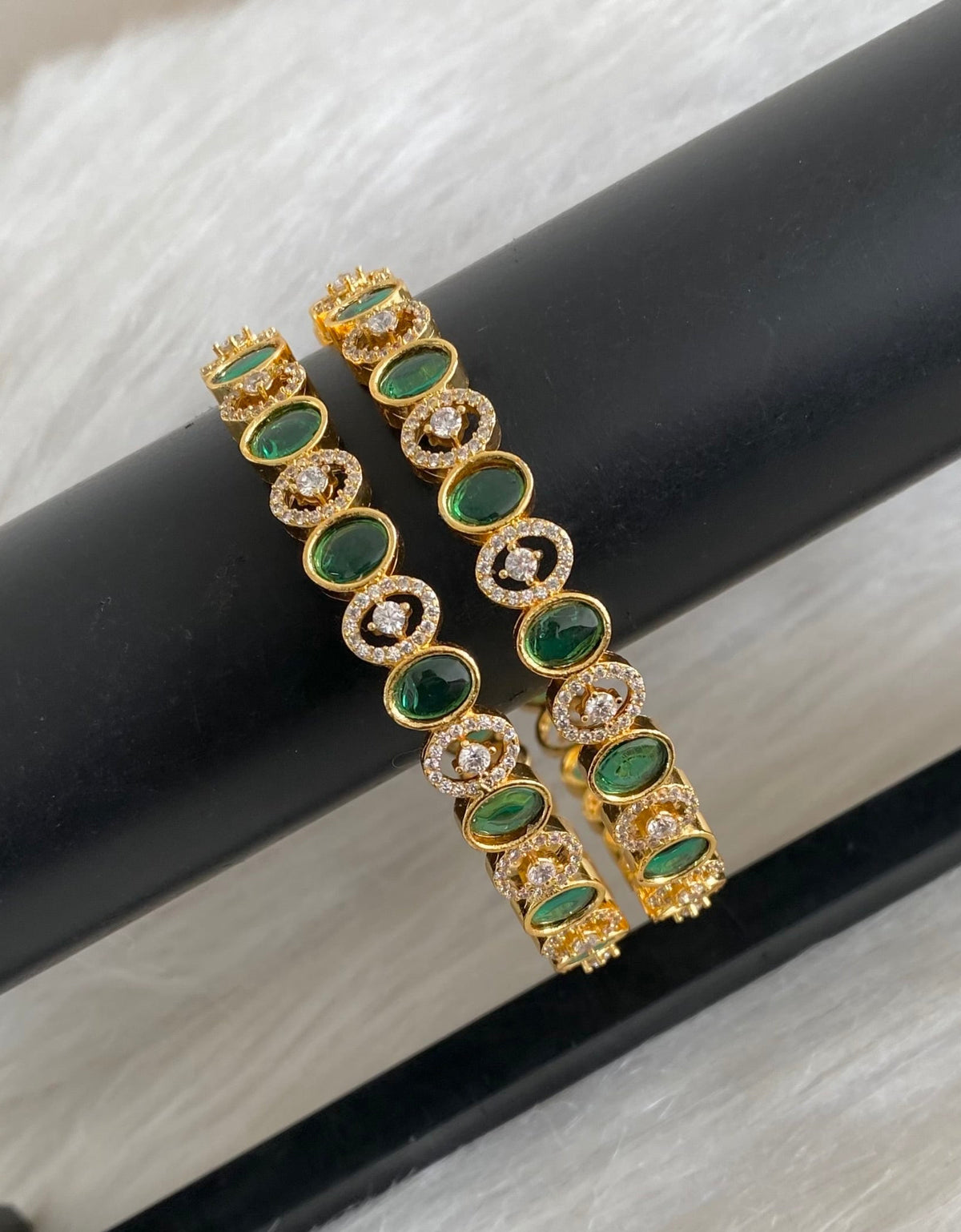 Gold tone cz white green oval stone bangles(2.10) dj-55166