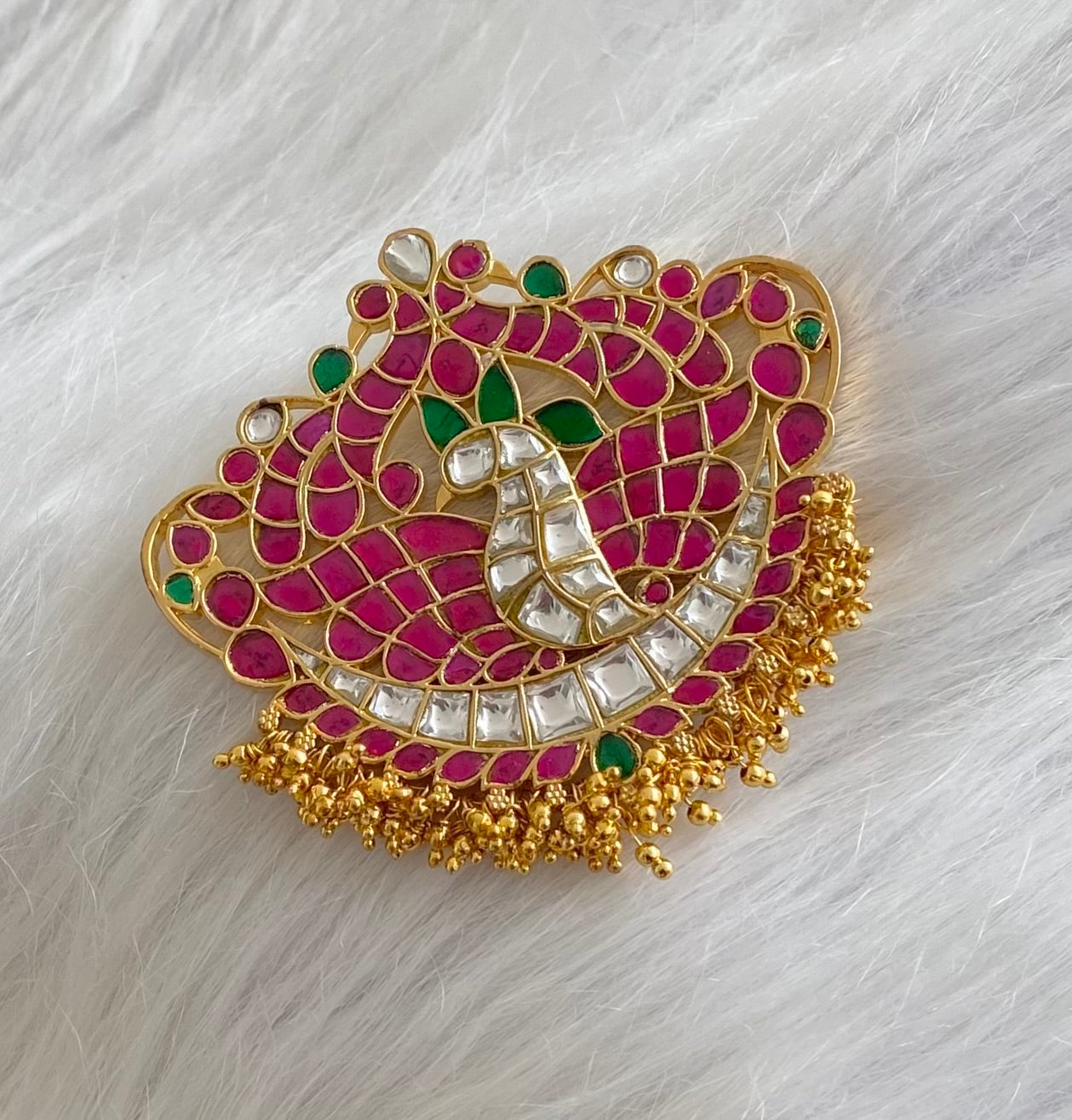 Gold tone pink-green-white kundan jadau peacock pendant dj-54198