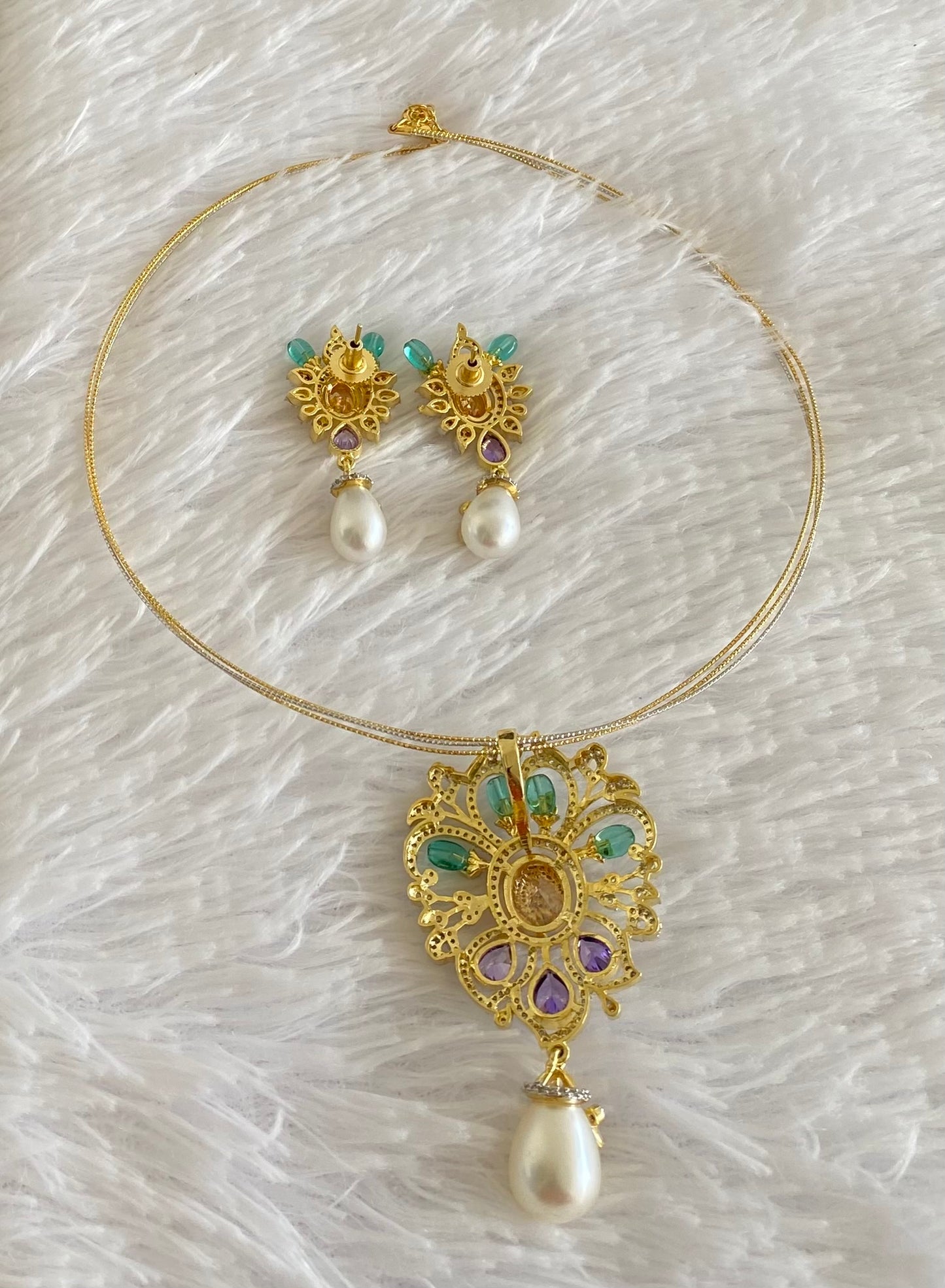 Two tone cz sea green-purple stone pendant set with kanti necklace dj-53998
