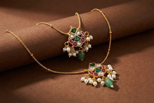 Gold tone pink-white-green kundan jadau anklets dj-52403