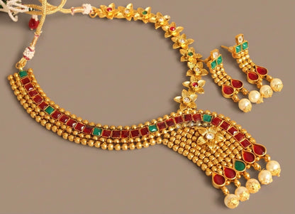 Antique gold tone ruby-green necklace set -dj07811