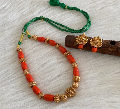 Antique gold tone coral nakshi beaded necklace set dj-54954