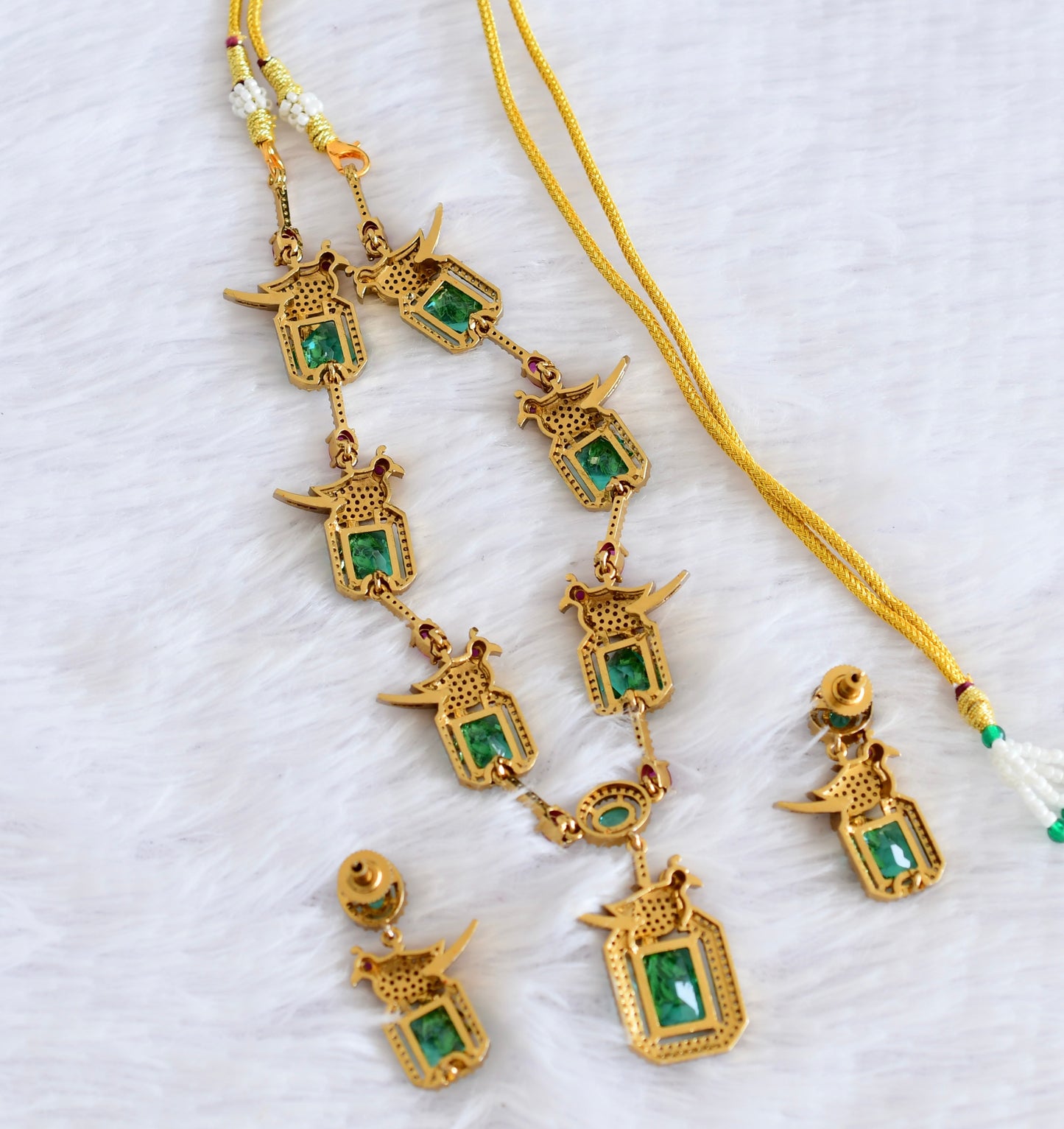 Antique gold tone cz pink-sea green-white bird necklace set dj-53021